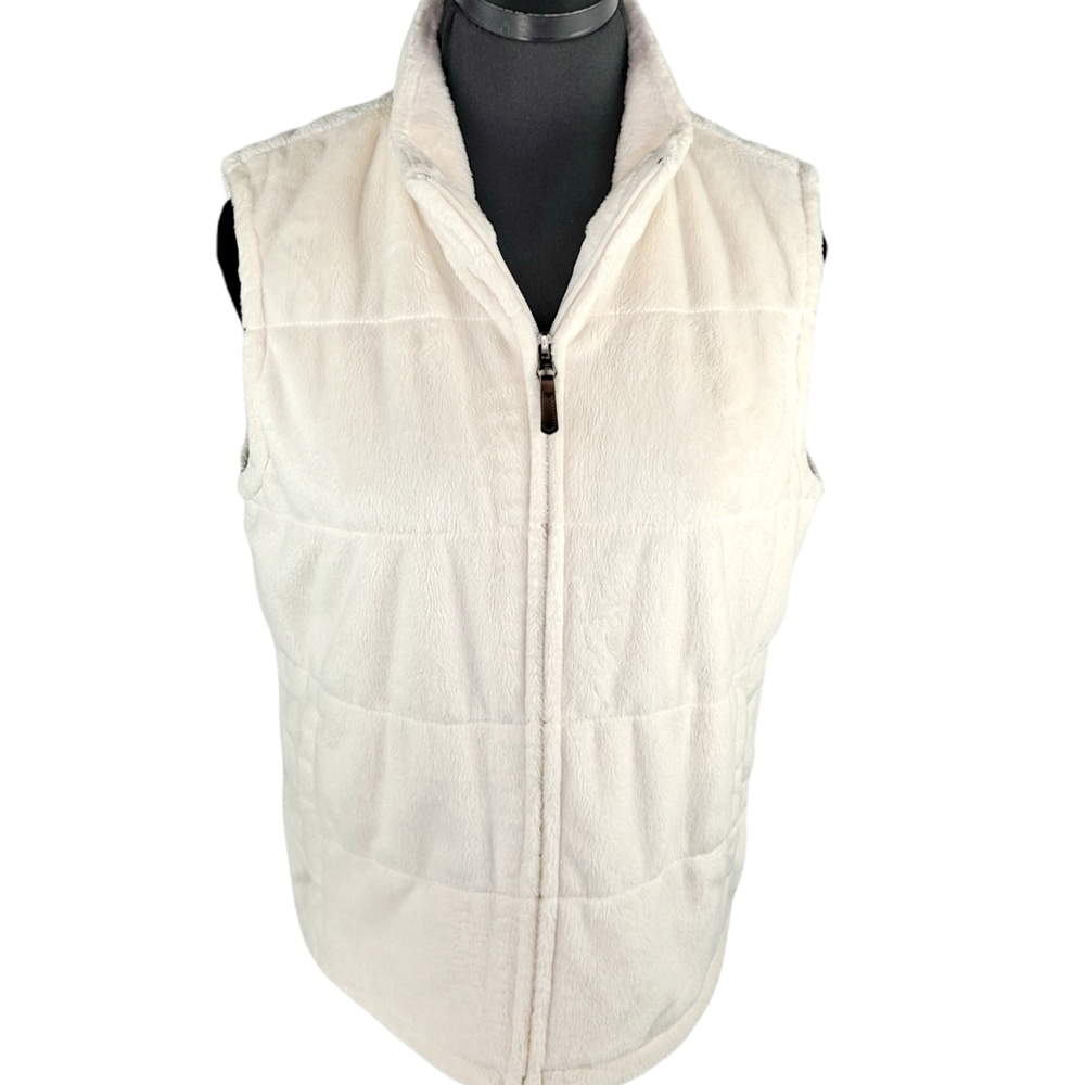 Columbia White Faux Fur Vest Women's Large Zip Minky Soft